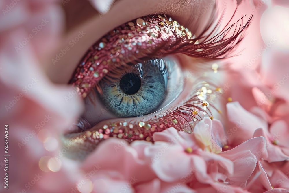 Poster close-up of a persons eye, showcasing a stunning array of glitter that adds a touch of sparkle and g
