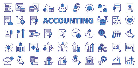 Accounting icons in line design, blue. Accounting, analytics, finance, business, money, financial, audit, tax, budget, capital isolated on white background vector. Accounting editable stroke icons. - obrazy, fototapety, plakaty