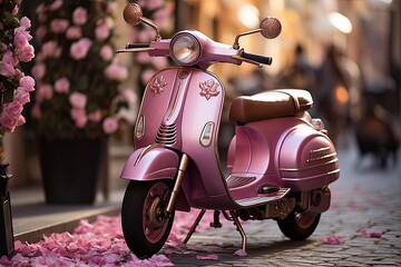 A bright pink scooter is parked gracefully on a charming cobblestone street, adding a pop of color to the classic setting