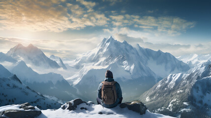 a man is sitting on top of a snowy mountain top - obrazy, fototapety, plakaty