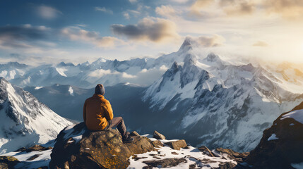 a man is sitting on top of a snowy mountain top - obrazy, fototapety, plakaty