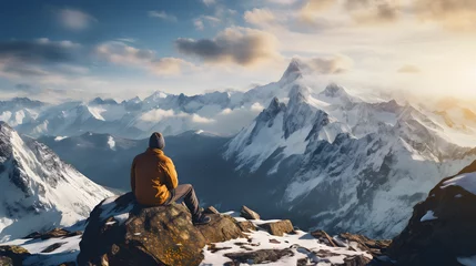 Foto op Plexiglas a man is sitting on top of a snowy mountain top © Oleksandr