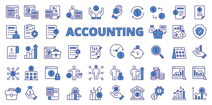 Accounting icons in line design, blue. Accounting, analytics, finance, business, money, financial, audit, tax, budget, capital isolated on white background vector. Accounting editable stroke icons.