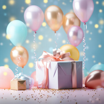 Gift boxes and balloons on dark background. 3d render of birthday background with gift box, balloons and confetti