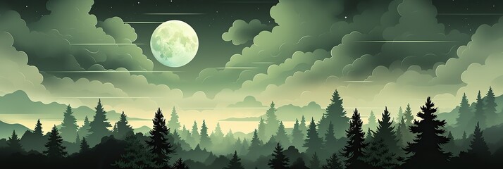 A mystical forest is illuminated by the soft glow of a full moon in the midnight sky, casting a tranquil and enchanting ambiance over the landscape