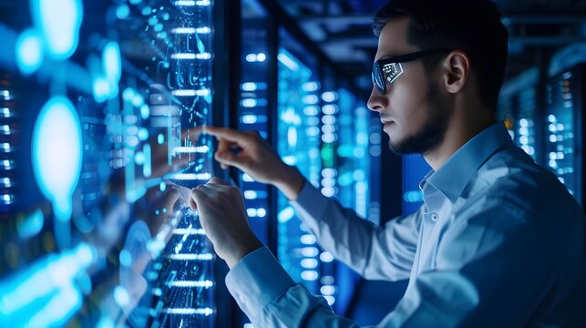 Side view of young man in shirt and eyeglasses working with virtual interface while standing in server room