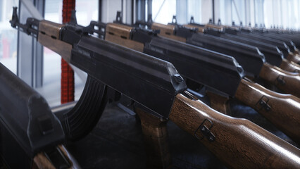 Russian machine gun AK 47 production factory. War concept. 3d rendering
