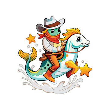 a cowboy fish with a hat and boots riding a seaho