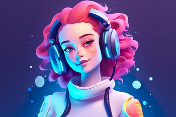 Portrait of beautiful young woman listening to music with headphones. llustration, A girl with headphones in a colorful vivid background, An illustration MADE WITH AI 