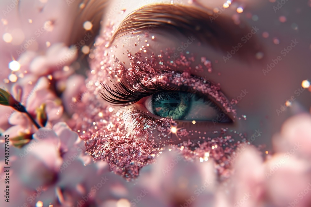 Aufkleber this close-up image captures a persons eye adorned with shimmering glitter, creating a captivating a