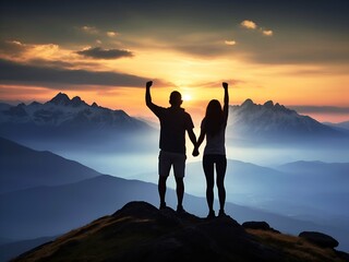 Silhouette of a Couple Celebrating Mountaineering