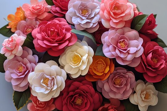 A collection of paper flowers intricately crafted and arranged in a circular pattern, creating a captivating and vibrant display