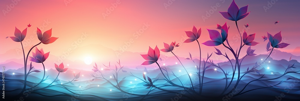 Poster a vibrant painting capturing a serene sunset with a colorful array of flowers in full bloom in the f