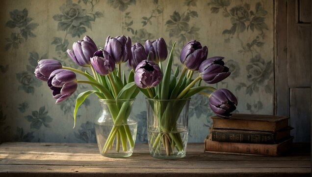 Tulip flowers bouquet on wooden table