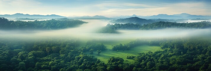 Misty rainforest bird eye view landscape with meadows. Rainforest banner