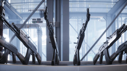 Naklejka premium Russian machine gun AK 47 production factory. War concept. 3d rendering