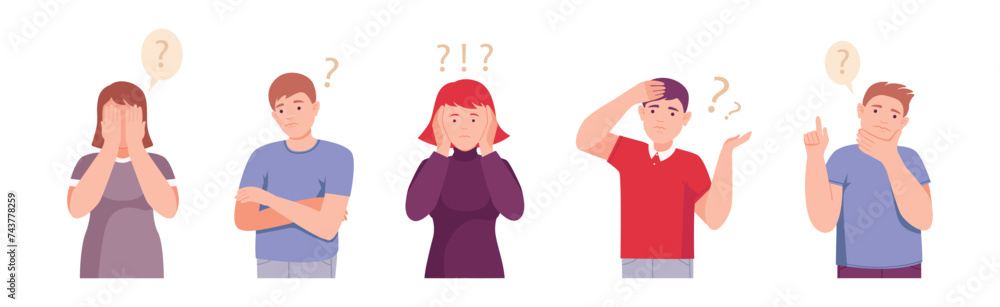 Poster thoughtful people character with question mark thinking or solving problem vector set