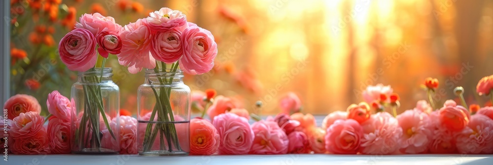 Aufkleber a group of elegant vases filled with delicate pink flowers, creating a vibrant and enchanting displa