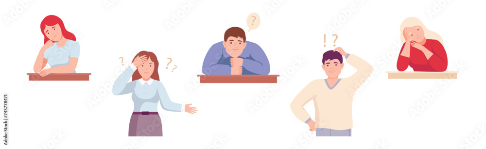 Poster thoughtful people character with question mark thinking or solving problem vector set