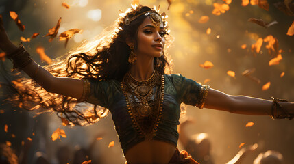 indian dancer in a forest surrounded by leaves in sun