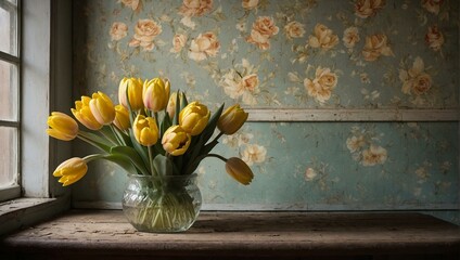 A vibrant burst of nature adorns the wall, as delicate yellow tulips overflow from a carefully arranged vase in this stunning still life photography - obrazy, fototapety, plakaty