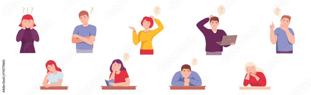 Poster thoughtful people character with question mark thinking or solving problem vector set