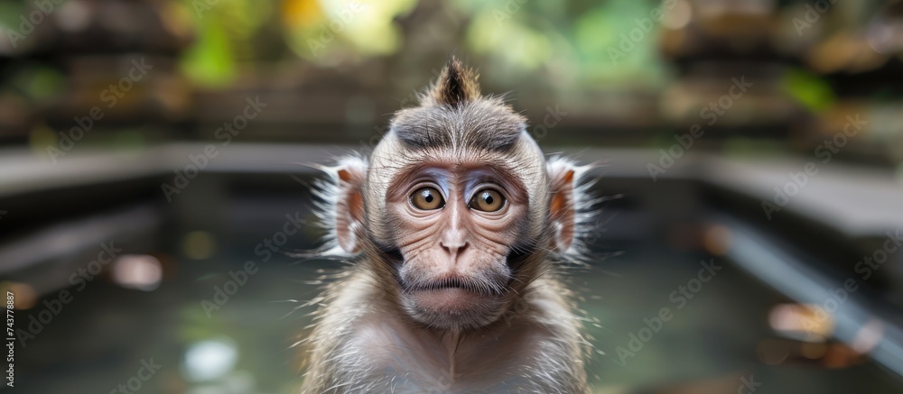 Aufkleber a captivating portrait of a playful monkey in east java, wearing a surprised expression on its face.