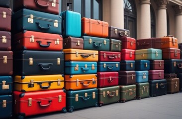 Suitcases at the airport are waiting to be loaded, colorful suitcases are in a row, travel bags for a tourist trip