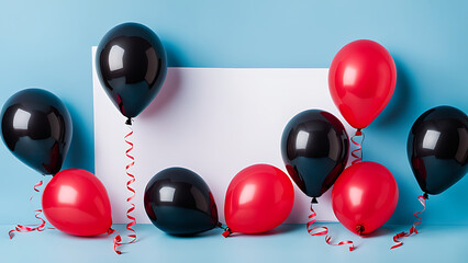 black and red balloons and a crinfette on a blue background of a postcard with a place for text
