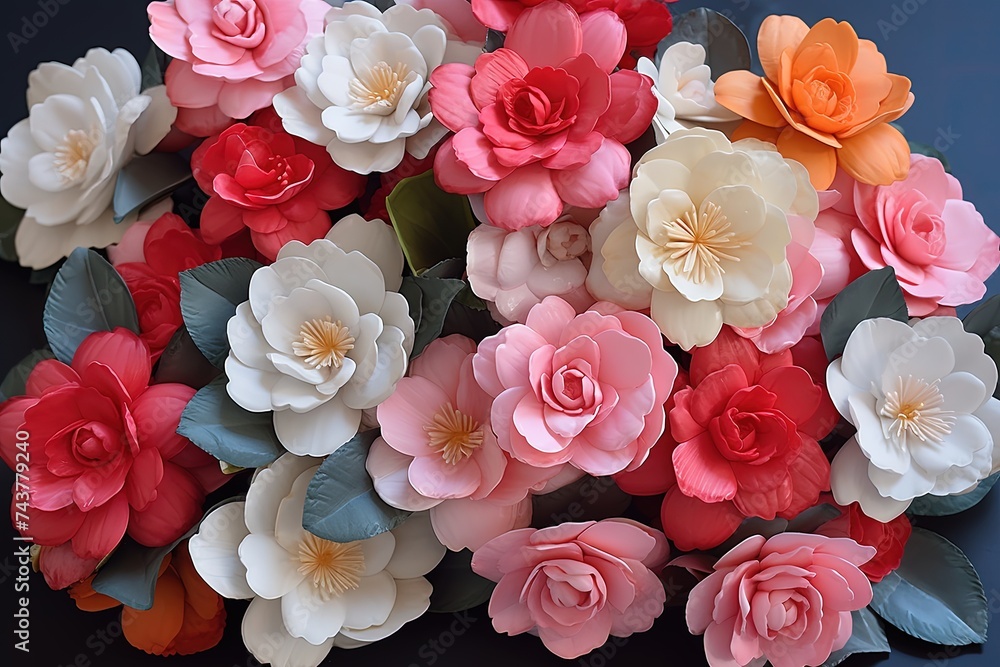 Aufkleber a collection of vibrant paper flowers in various shapes and colors arranged neatly on a wooden table