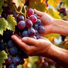 Hands harvesting and handling grapes on the vine in vinyard farm - 743779293