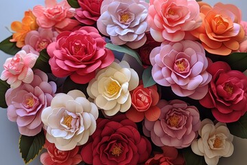 Vibrant camellia flowers arranged elegantly in colorful and whimsical display