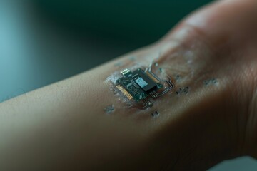 Small microchip implanted in a person's arm.