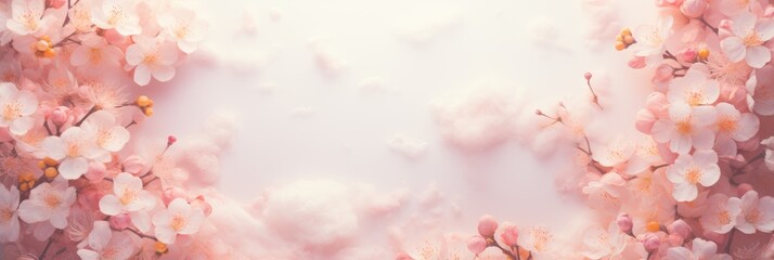 Spring pink flowers in full bloom against a white clouds  background. The delicate petals and vibrant hues create a serene and elegant scene - obrazy, fototapety, plakaty