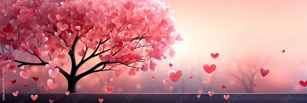 Poster A vibrant painting of a tall tree with colorful hearts floating in the air around it, creating a whimsical and romantic atmosphere