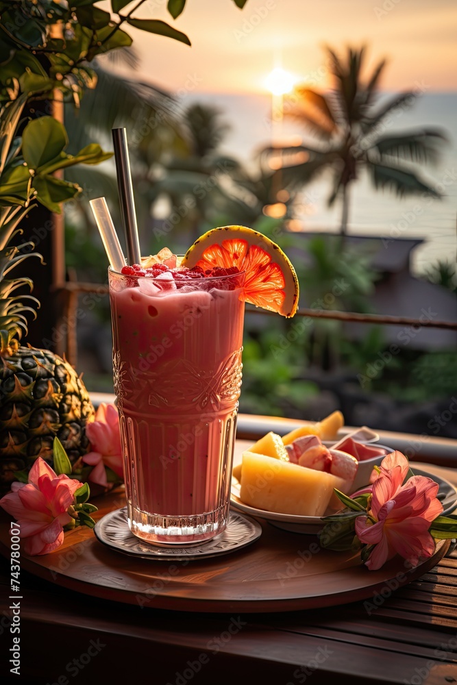 Poster a colorful and refreshing tropical drink is served on a stylish tray, complete with a slice of fresh