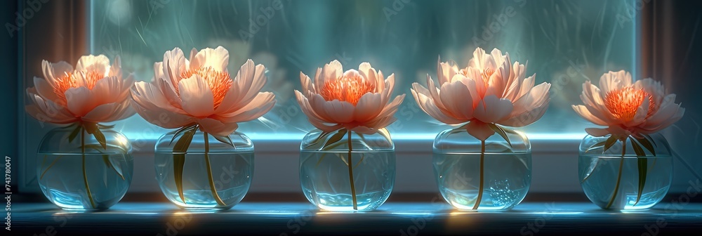 Poster A row of vases holding clear water and delicate pink flowers, creating a harmonious and elegant display