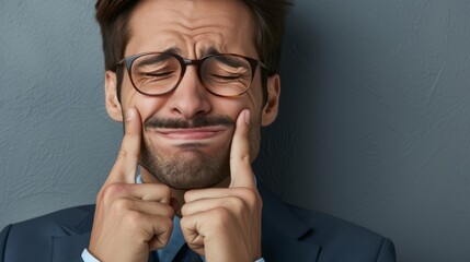 Tired businessman forcing a smile by holding up the corners of his mouth with his fingers.