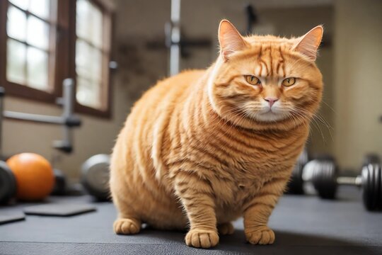 Obese orange cat lifting weights in order to lose weight