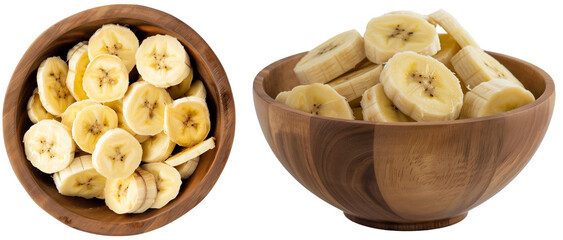 Banana slices in a wooden bowl, side and top view, isolated on a white background - Powered by Adobe