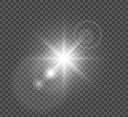 White glowing light explodes on a transparent background. Bright Star. Transparent shining sun, bright flash. Vector graphics.	
