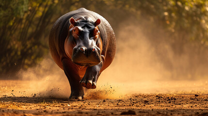 A Close Up Of A Hippopotamus Walking On A Dirt Gr - obrazy, fototapety, plakaty