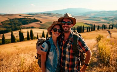 Tuscan Selfie Bliss: A young native couple, backpack-clad, captures moments of joy and adventure in the picturesque landscapes of Italy's Tuscany, creating memories against the backdrop of iconic Ital