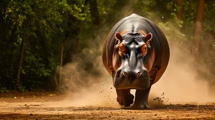 Deurstickers A Close Up Of A Hippopotamus Walking On A Dirt Gr © Aliza