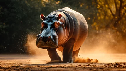 Tuinposter A Close Up Of A Hippopotamus Walking On A Dirt Gr © Aliza