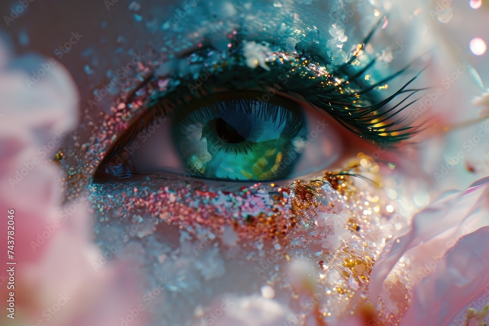 Poster persons eye adorned with shimmering glitter, creating a captivating and enchanting visual spectacle