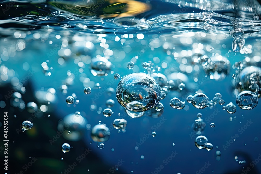 Fototapete A mesmerizing group of bubbles gracefully floats in the water, creating a delicate and enchanting sight