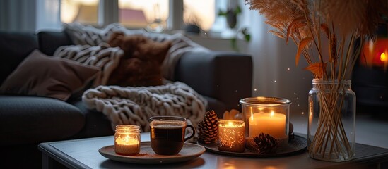 An autumnal Scandinavian home decor sets the cozy ambiance in this living room, adorned with aroma candles and a coffee table.