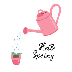Obraz premium Hello spring, watering can and seedling. Vector Illustration for printing, backgrounds, covers and packaging. Image can be used for greeting cards, posters and stickers. Isolated on white background.