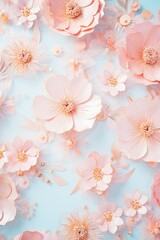A serene blue background adorned with delicate pink flowers, creating a harmonious and enchanting visual display